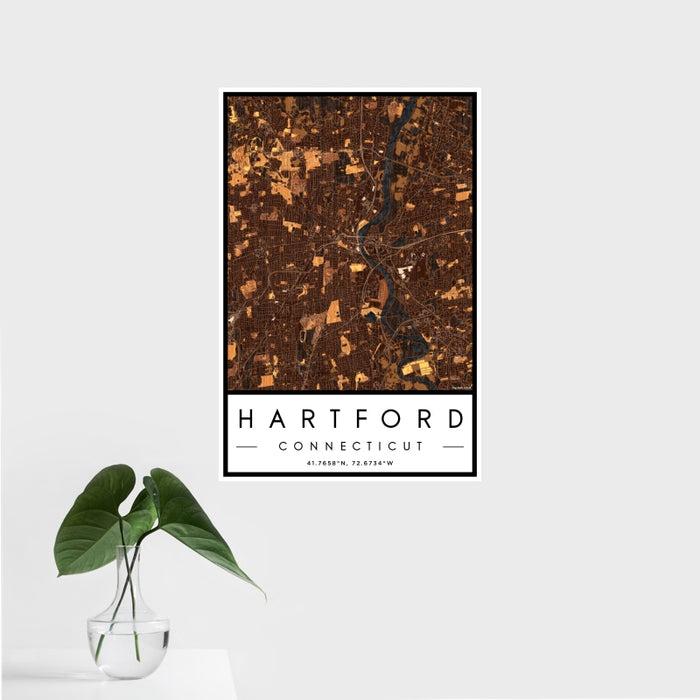 16x24 Hartford Connecticut Map Print Portrait Orientation in Ember Style With Tropical Plant Leaves in Water