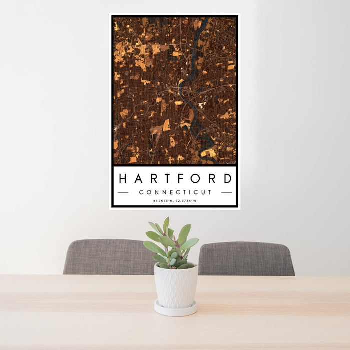 24x36 Hartford Connecticut Map Print Portrait Orientation in Ember Style Behind 2 Chairs Table and Potted Plant