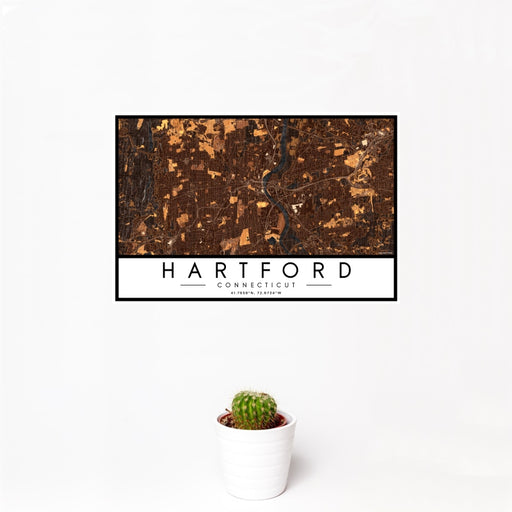 12x18 Hartford Connecticut Map Print Landscape Orientation in Ember Style With Small Cactus Plant in White Planter