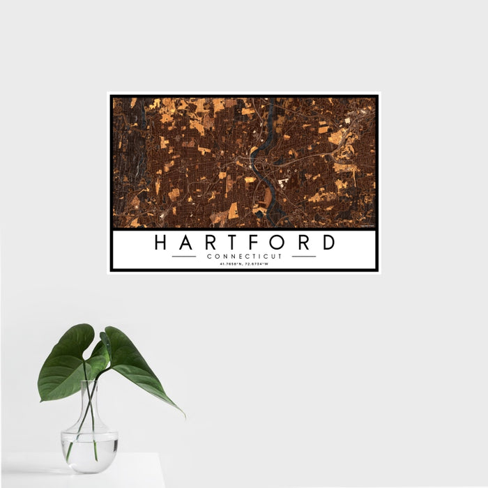 16x24 Hartford Connecticut Map Print Landscape Orientation in Ember Style With Tropical Plant Leaves in Water