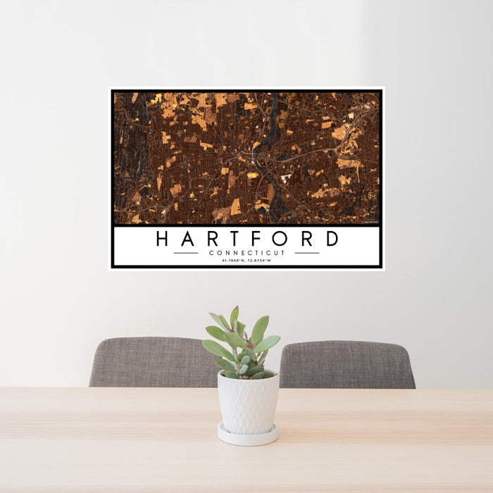 24x36 Hartford Connecticut Map Print Landscape Orientation in Ember Style Behind 2 Chairs Table and Potted Plant