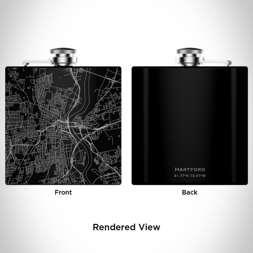 Rendered View of Hartford Connecticut Map Engraving on 6oz Stainless Steel Flask in Black