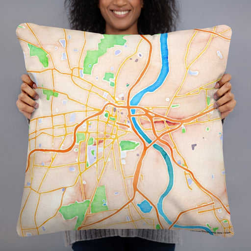 Person holding 22x22 Custom Hartford Connecticut Map Throw Pillow in Watercolor