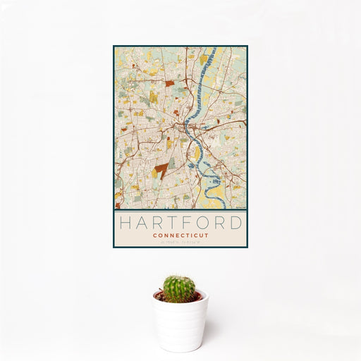 12x18 Hartford Connecticut Map Print Portrait Orientation in Woodblock Style With Small Cactus Plant in White Planter