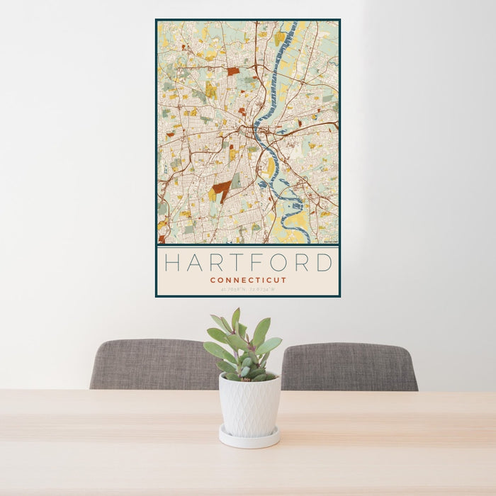 24x36 Hartford Connecticut Map Print Portrait Orientation in Woodblock Style Behind 2 Chairs Table and Potted Plant