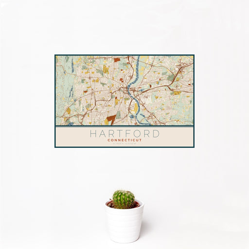 12x18 Hartford Connecticut Map Print Landscape Orientation in Woodblock Style With Small Cactus Plant in White Planter