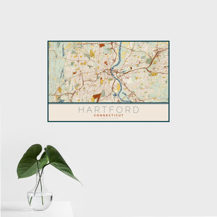 16x24 Hartford Connecticut Map Print Landscape Orientation in Woodblock Style With Tropical Plant Leaves in Water