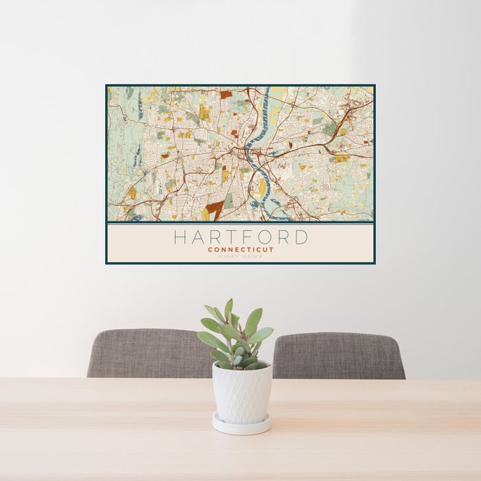 24x36 Hartford Connecticut Map Print Landscape Orientation in Woodblock Style Behind 2 Chairs Table and Potted Plant