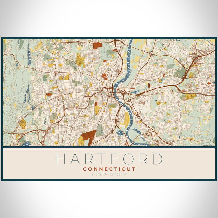 Hartford Connecticut Map Print Landscape Orientation in Woodblock Style With Shaded Background