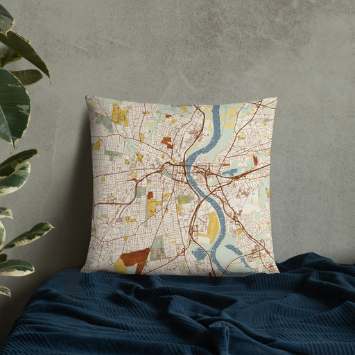 Custom Hartford Connecticut Map Throw Pillow in Woodblock on Bedding Against Wall