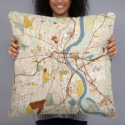 Person holding 22x22 Custom Hartford Connecticut Map Throw Pillow in Woodblock