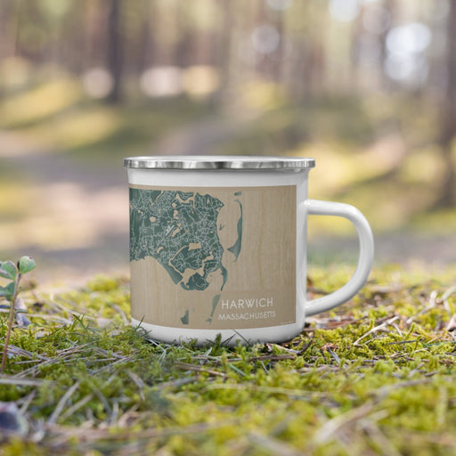 Right View Custom Harwich Massachusetts Map Enamel Mug in Afternoon on Grass With Trees in Background