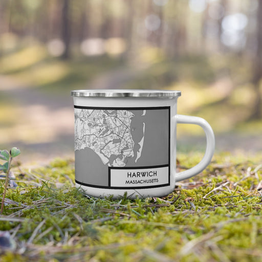 Right View Custom Harwich Massachusetts Map Enamel Mug in Classic on Grass With Trees in Background