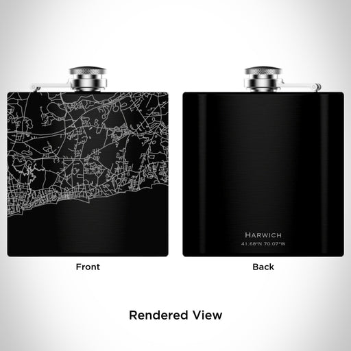 Rendered View of Harwich Massachusetts Map Engraving on 6oz Stainless Steel Flask in Black