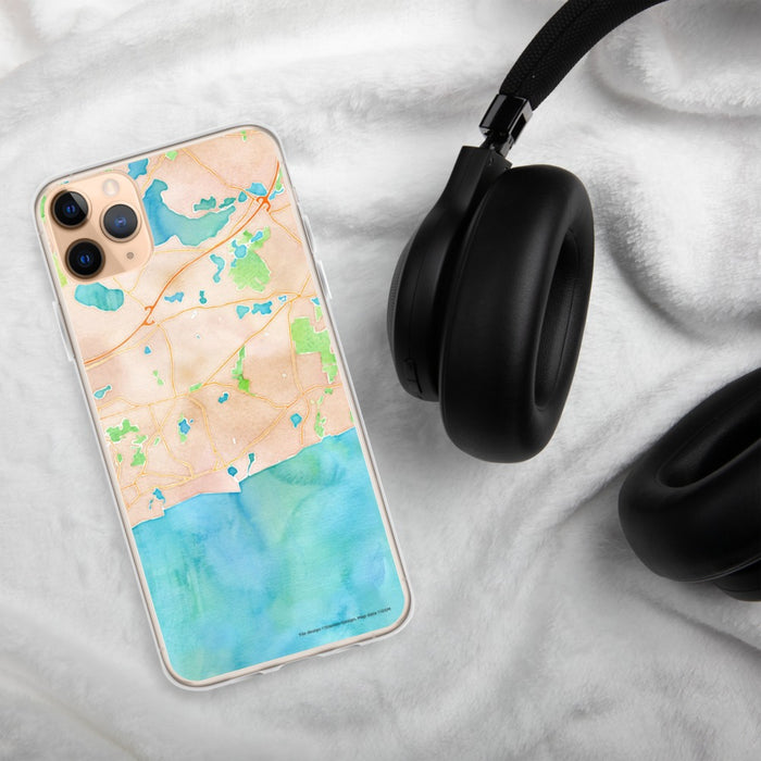 Custom Harwich Massachusetts Map Phone Case in Watercolor on Table with Black Headphones