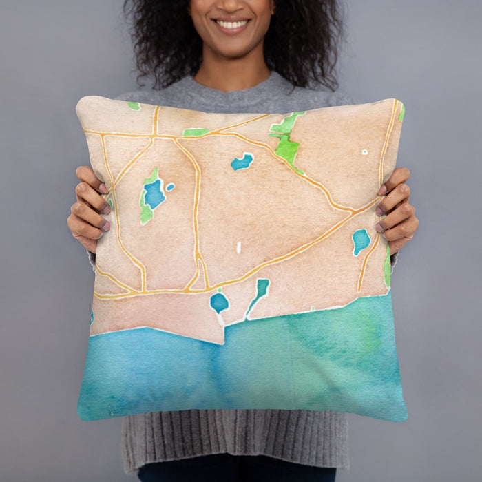 Person holding 18x18 Custom Harwich Massachusetts Map Throw Pillow in Watercolor