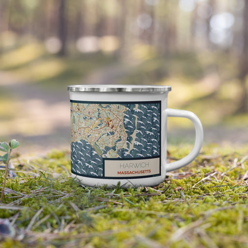 Right View Custom Harwich Massachusetts Map Enamel Mug in Woodblock on Grass With Trees in Background
