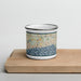 Front View Custom Harwich Massachusetts Map Enamel Mug in Woodblock on Cutting Board