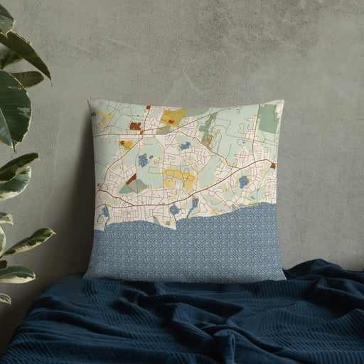 Custom Harwich Massachusetts Map Throw Pillow in Woodblock on Bedding Against Wall