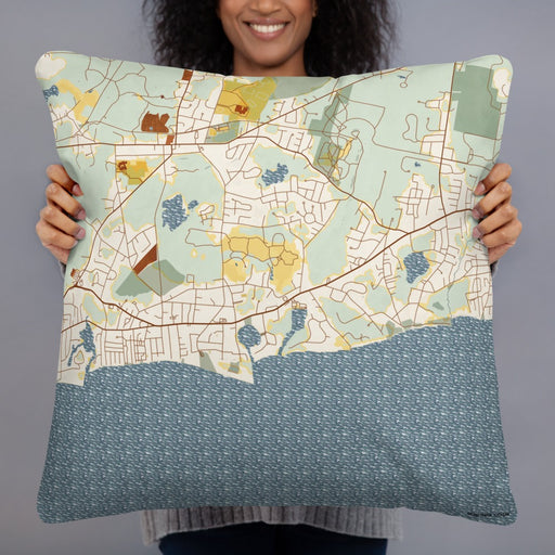 Person holding 22x22 Custom Harwich Massachusetts Map Throw Pillow in Woodblock