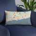 Custom Harwich Massachusetts Map Throw Pillow in Woodblock on Blue Colored Chair