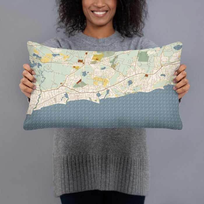 Person holding 20x12 Custom Harwich Massachusetts Map Throw Pillow in Woodblock