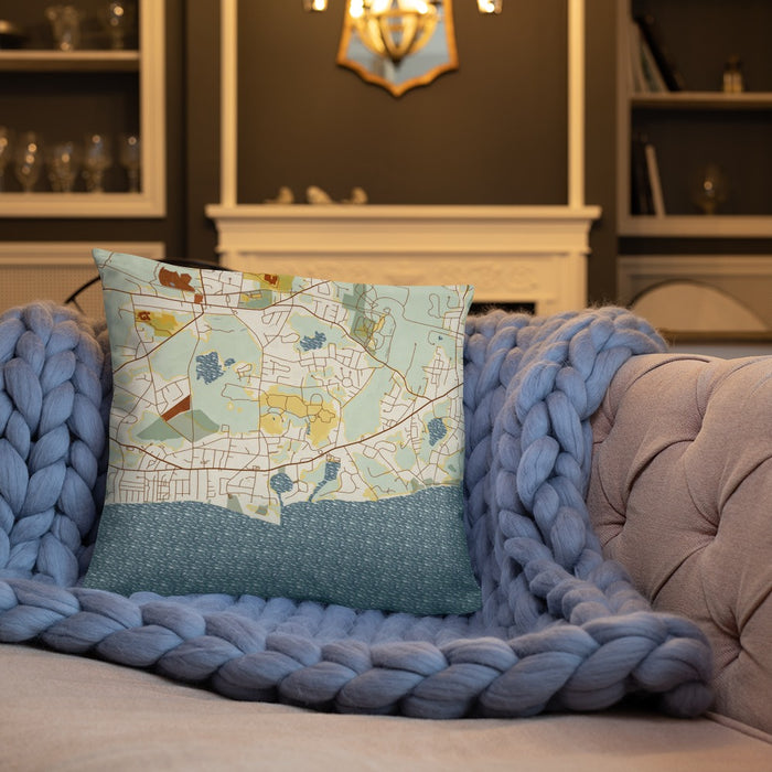 Custom Harwich Massachusetts Map Throw Pillow in Woodblock on Cream Colored Couch