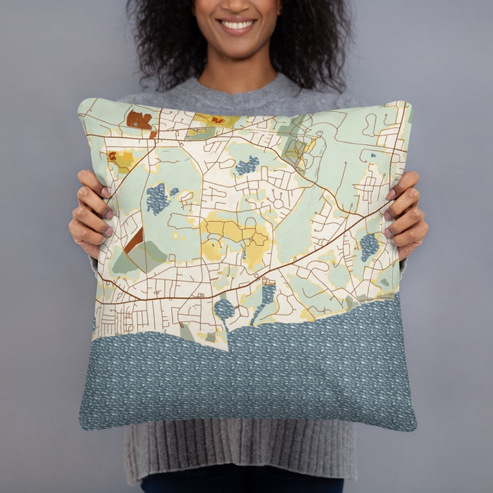 Person holding 18x18 Custom Harwich Massachusetts Map Throw Pillow in Woodblock