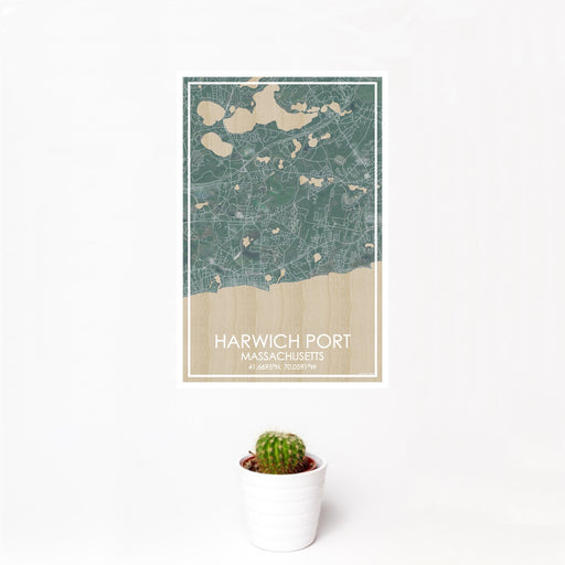 12x18 Harwich Port Massachusetts Map Print Portrait Orientation in Afternoon Style With Small Cactus Plant in White Planter