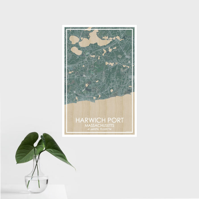 16x24 Harwich Port Massachusetts Map Print Portrait Orientation in Afternoon Style With Tropical Plant Leaves in Water