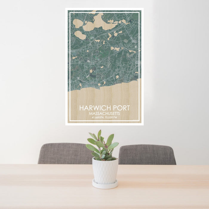 24x36 Harwich Port Massachusetts Map Print Portrait Orientation in Afternoon Style Behind 2 Chairs Table and Potted Plant