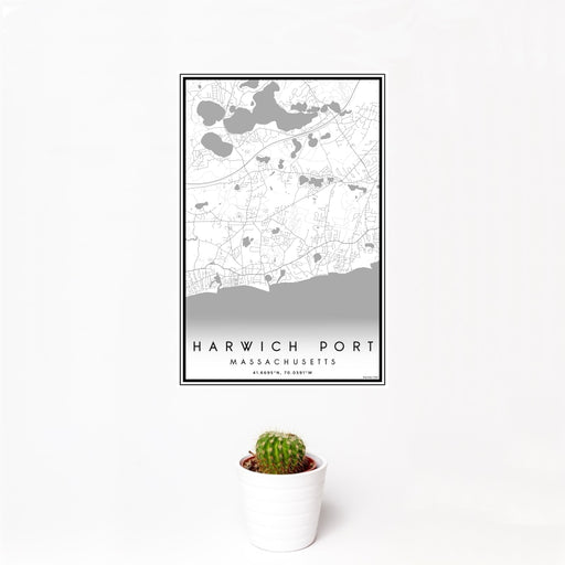 12x18 Harwich Port Massachusetts Map Print Portrait Orientation in Classic Style With Small Cactus Plant in White Planter