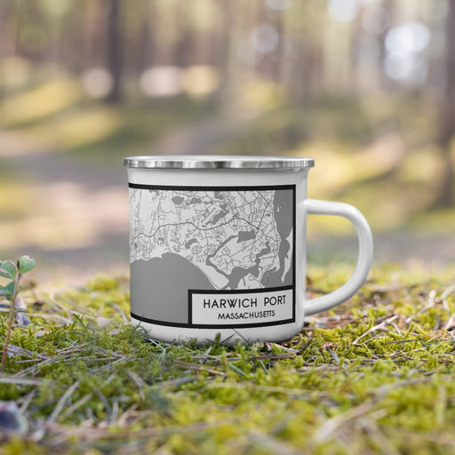 Right View Custom Harwich Port Massachusetts Map Enamel Mug in Classic on Grass With Trees in Background