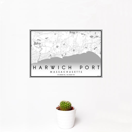 12x18 Harwich Port Massachusetts Map Print Landscape Orientation in Classic Style With Small Cactus Plant in White Planter
