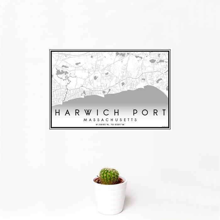 12x18 Harwich Port Massachusetts Map Print Landscape Orientation in Classic Style With Small Cactus Plant in White Planter