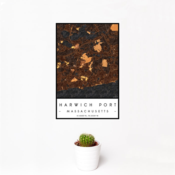 12x18 Harwich Port Massachusetts Map Print Portrait Orientation in Ember Style With Small Cactus Plant in White Planter