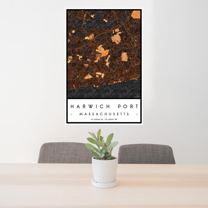 24x36 Harwich Port Massachusetts Map Print Portrait Orientation in Ember Style Behind 2 Chairs Table and Potted Plant