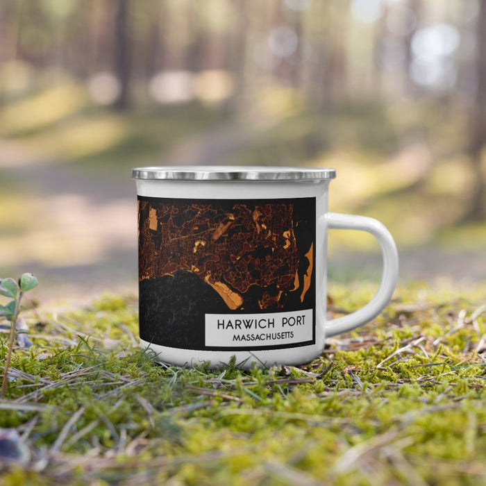 Right View Custom Harwich Port Massachusetts Map Enamel Mug in Ember on Grass With Trees in Background