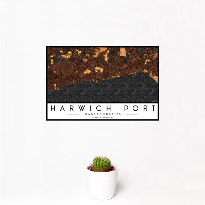 12x18 Harwich Port Massachusetts Map Print Landscape Orientation in Ember Style With Small Cactus Plant in White Planter