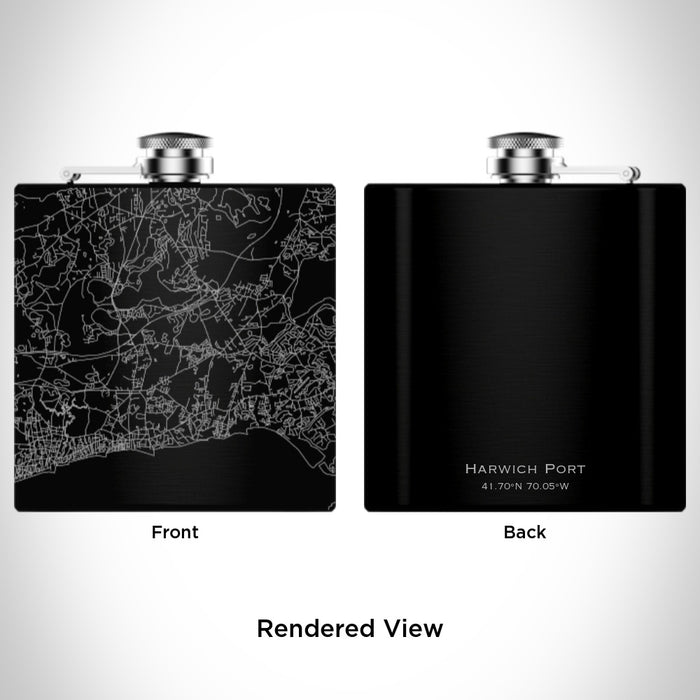 Rendered View of Harwich Port Massachusetts Map Engraving on 6oz Stainless Steel Flask in Black