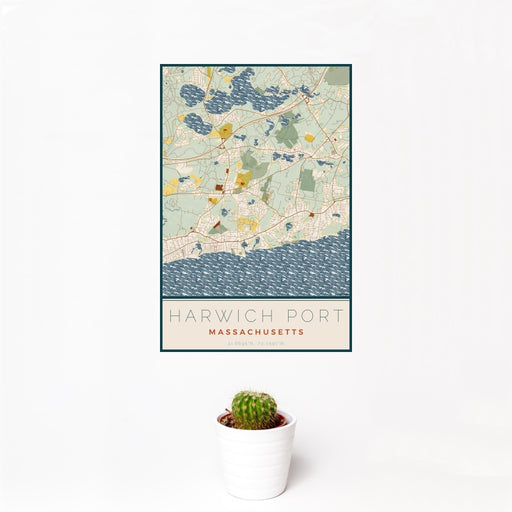 12x18 Harwich Port Massachusetts Map Print Portrait Orientation in Woodblock Style With Small Cactus Plant in White Planter
