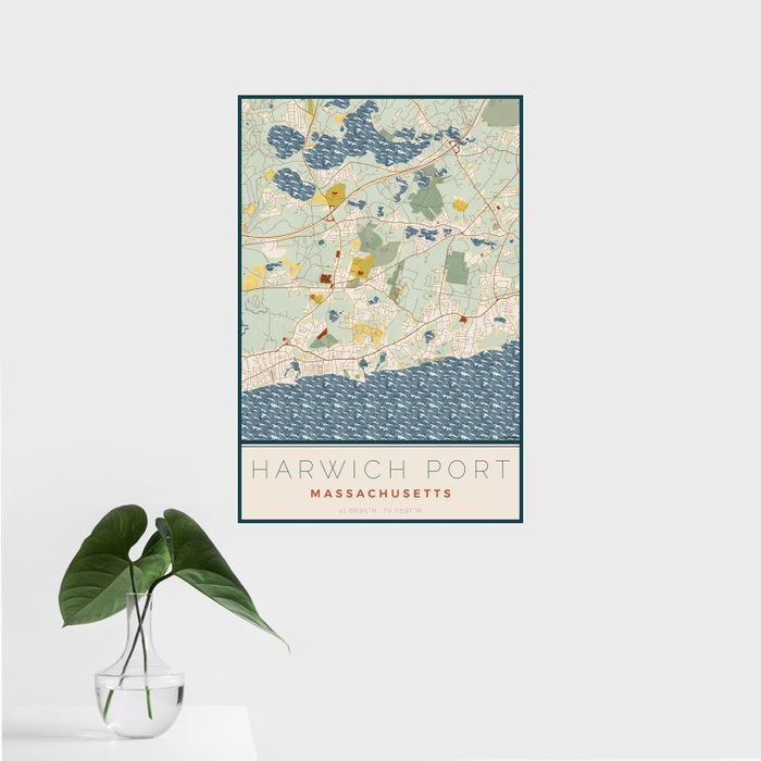 16x24 Harwich Port Massachusetts Map Print Portrait Orientation in Woodblock Style With Tropical Plant Leaves in Water