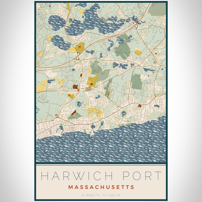 Harwich Port Massachusetts Map Print Portrait Orientation in Woodblock Style With Shaded Background