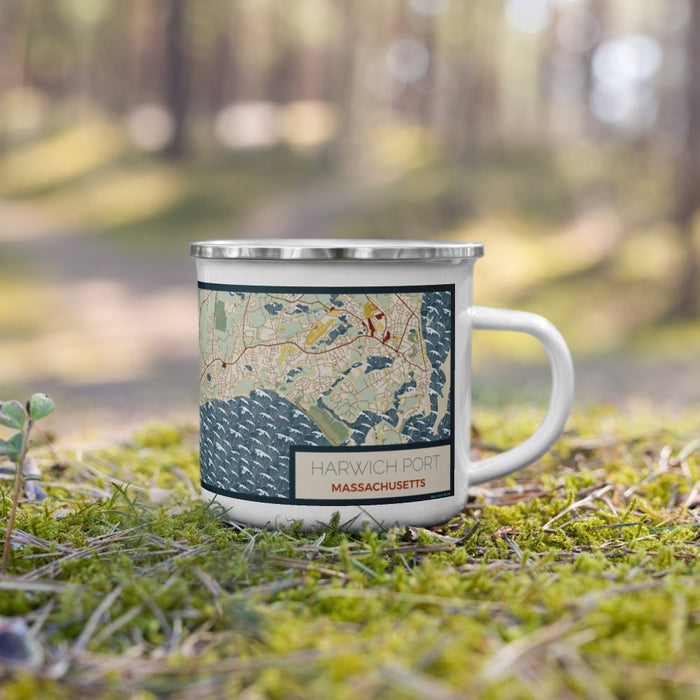 Right View Custom Harwich Port Massachusetts Map Enamel Mug in Woodblock on Grass With Trees in Background