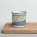 Front View Custom Harwich Port Massachusetts Map Enamel Mug in Woodblock on Cutting Board