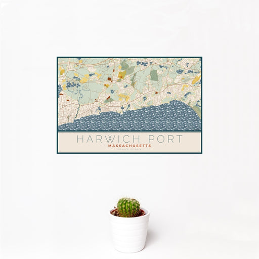 12x18 Harwich Port Massachusetts Map Print Landscape Orientation in Woodblock Style With Small Cactus Plant in White Planter