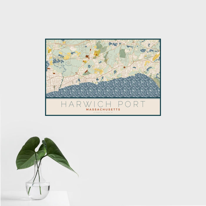 16x24 Harwich Port Massachusetts Map Print Landscape Orientation in Woodblock Style With Tropical Plant Leaves in Water