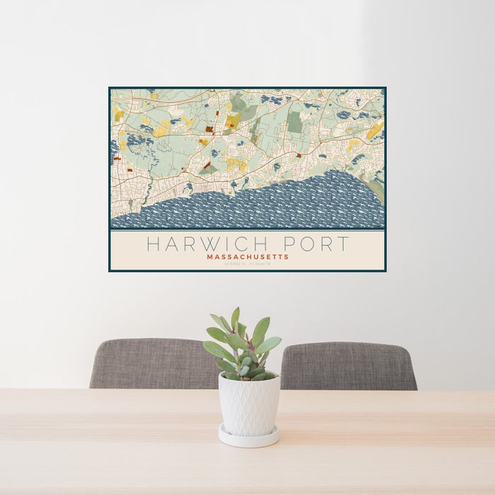 24x36 Harwich Port Massachusetts Map Print Landscape Orientation in Woodblock Style Behind 2 Chairs Table and Potted Plant