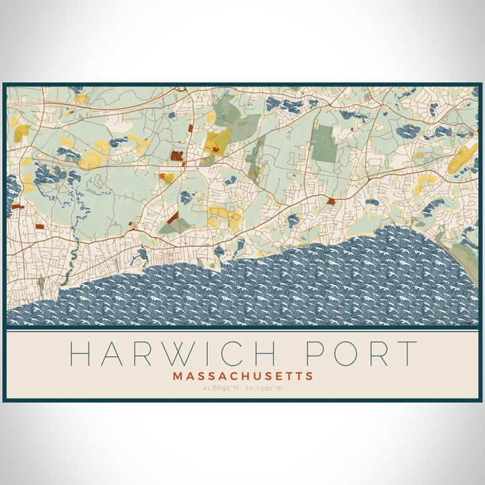 Harwich Port Massachusetts Map Print Landscape Orientation in Woodblock Style With Shaded Background