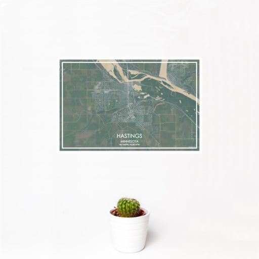 12x18 Hastings Minnesota Map Print Landscape Orientation in Afternoon Style With Small Cactus Plant in White Planter